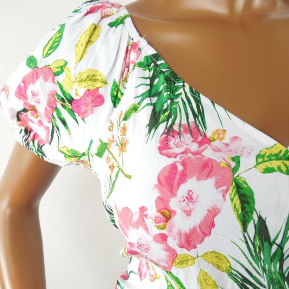 NEW YORK & CO Top M NWT White Floral On & Off the Shoulder Wrap Blouse Tie Waist - Picture 6 of 13